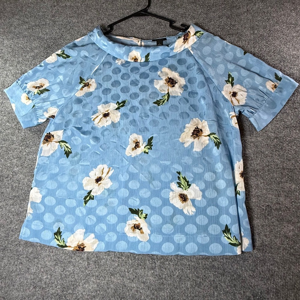 Ann Taylor Factory Womens Blue Floral Polka Dot Roll Neck Blouse Top Large L